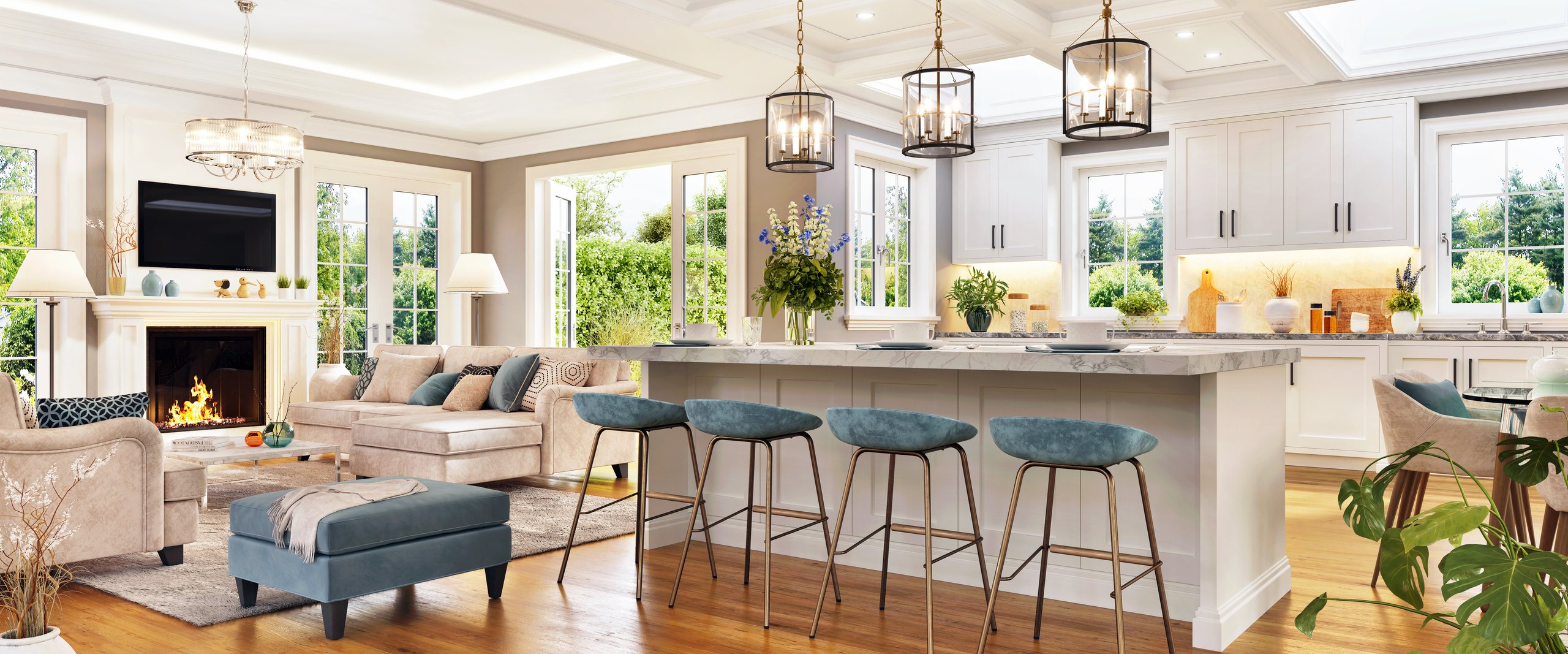 Open plan living room with white kitchen